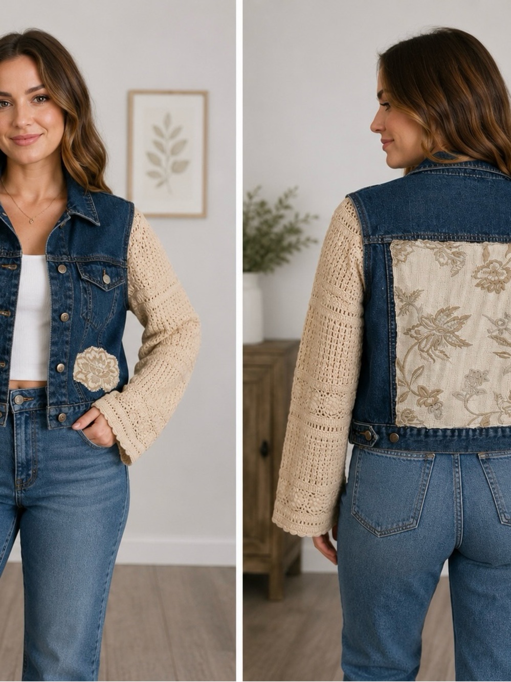Upcycled denim vest with sweater sleeves and patchwork